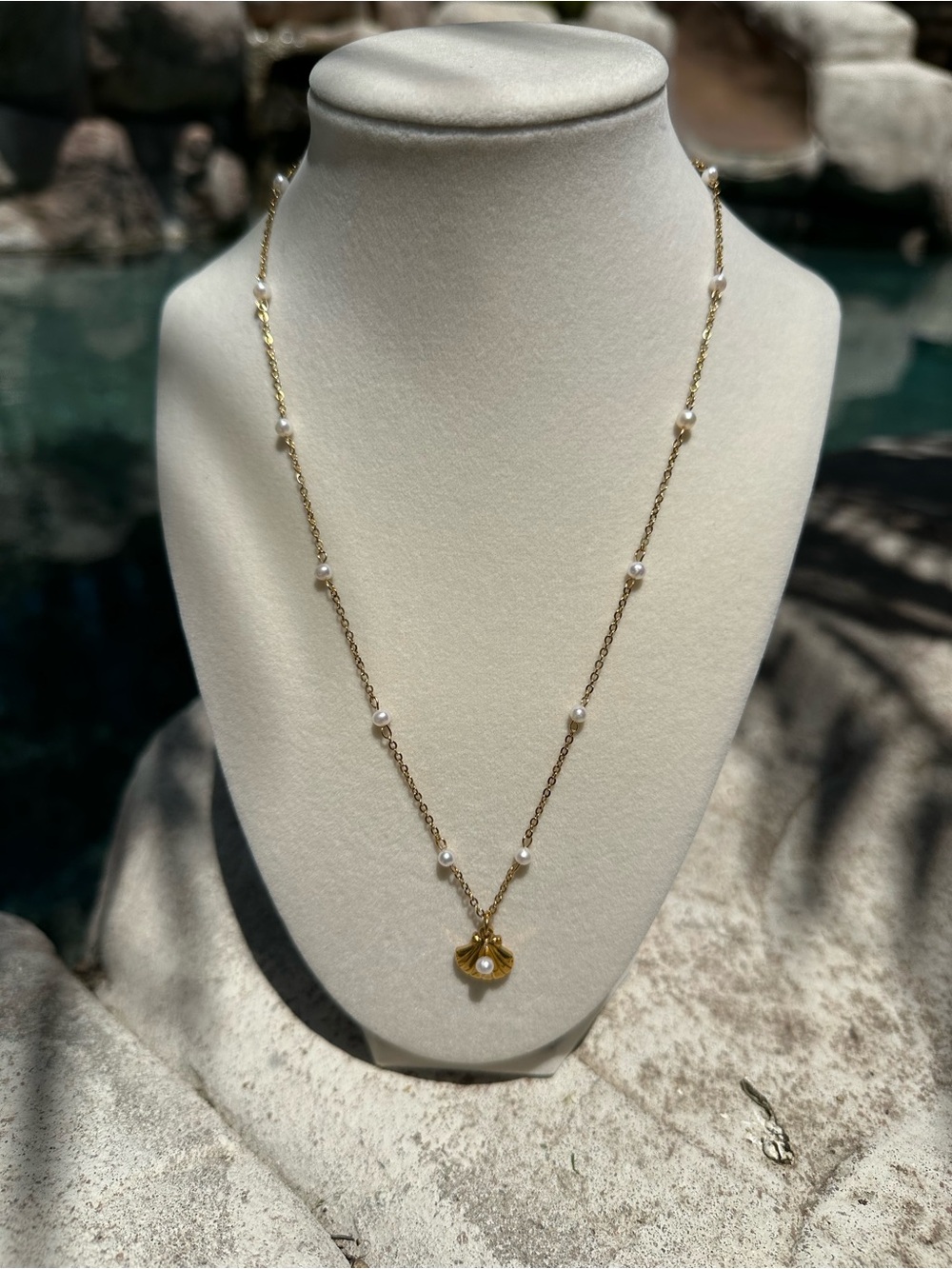 Gold Pearl Station Necklace with sea shell charm
